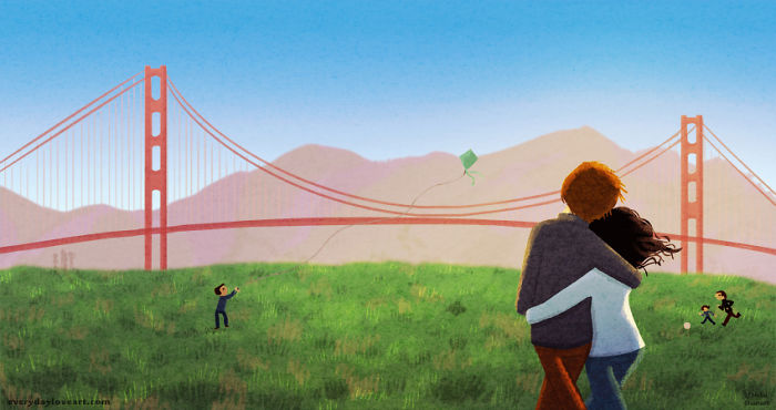 Illustration of couple looking at Golden Gate bridge