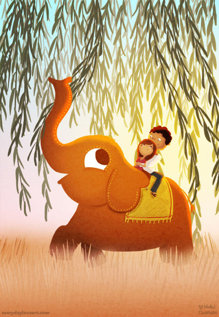 Illustration of couple riding elephant