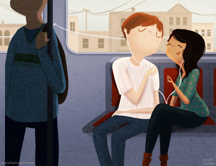 Illustration of couple listening to music together