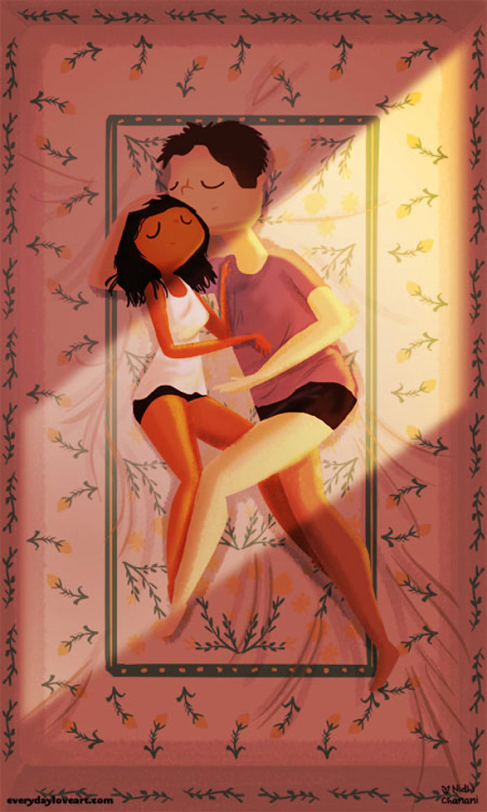 Illustration of couple cuddling in bed in summer heat